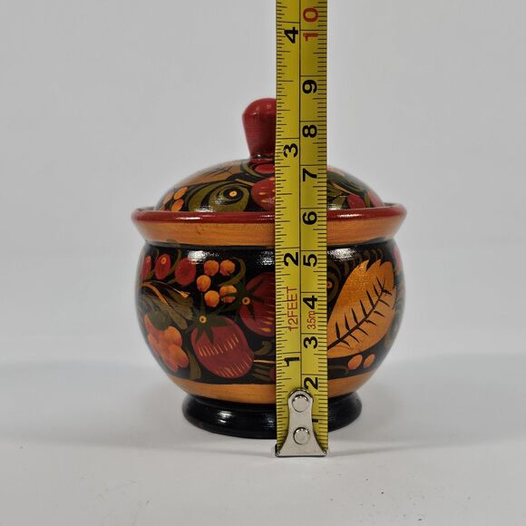 Russian Khokhloma Hand Painted Wooden Small Bowl with Lid, Black & Red Folk Art - Picture 8 of 9